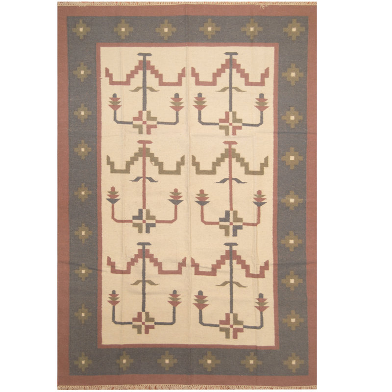 Tapis de zone en laine beige/gris 6 pi x 9 pi 2 po one-of-kind à la main noué la Niobrara