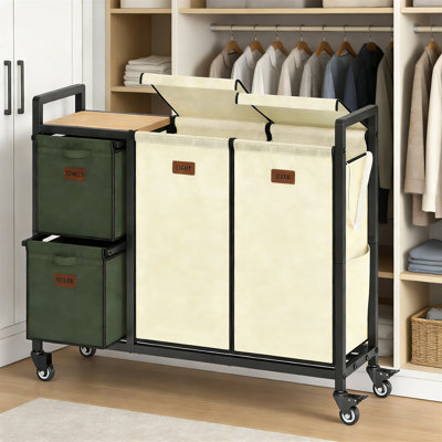 Chariot à linge, chariot à linge à quatre compartiments, panier à linge couvert de 48 gallons (182 litres), panier à linge sur roulettes, support à linge roulant avec tablette, diviseur de vêtements avec sac amovible