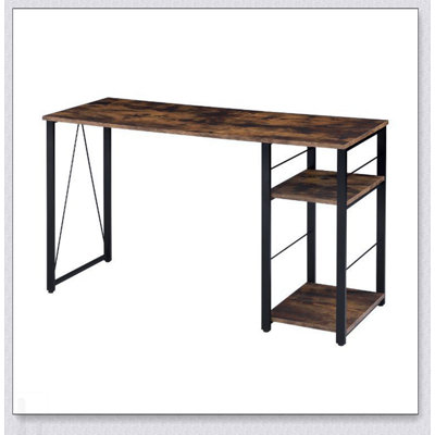Rectangular Writing Desk with 2 Tier Shelf, Rustic Oak Finish and Black Metal Frame for Modern Workspaces