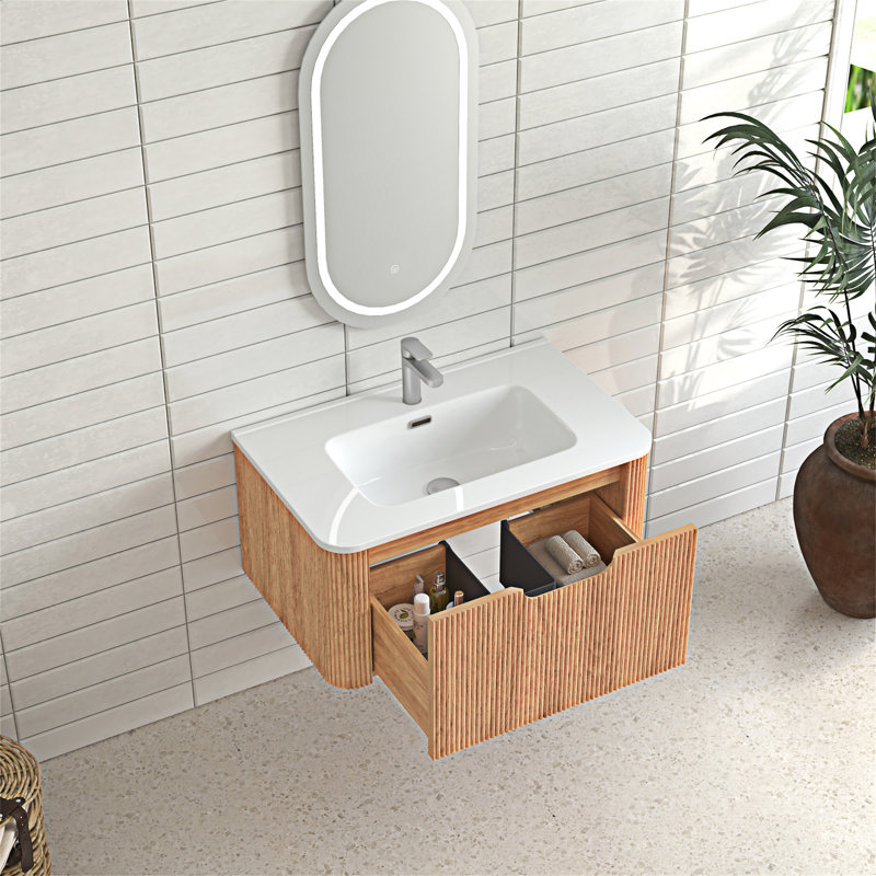 Wall-Mounted Floating Bathroom Vanity With Ceramic Basin, 30"