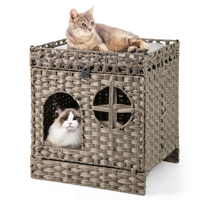 Foldable 2-tier Rattan Cat Litter Box Enclosure with Litter Mat Indoor Pet House