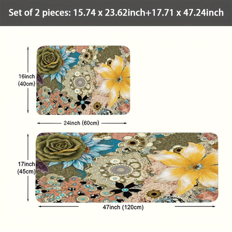 Tapis de cuisine rétro antidérapants à motif floral rétro, 2 pièces, Floral doré