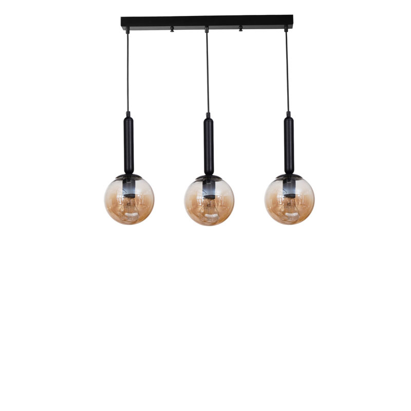 Luminaire de lustre noir et miel élégant | Corps en métal avec capuchon en verre, hauteur réglable | Plaque de base 21,7 x 2,4 x 1,2 pouces | 3 x douilles E27 (40 W maximum, ampoule non incluse) |  pour les salles à manger et les espaces de vie