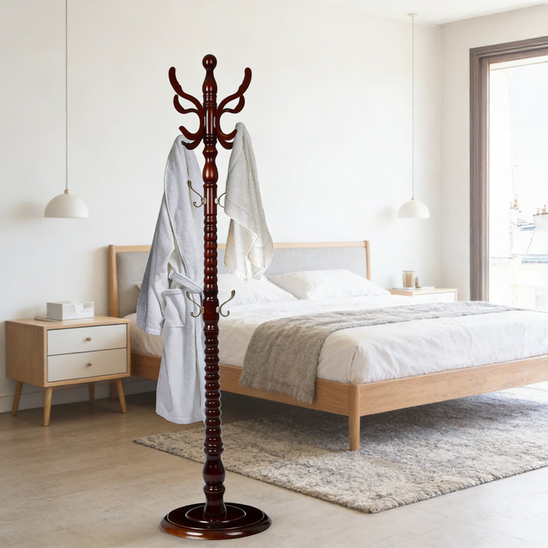Portemanteau autoportant en bois avec base de disque robuste et 14 crochets en métal