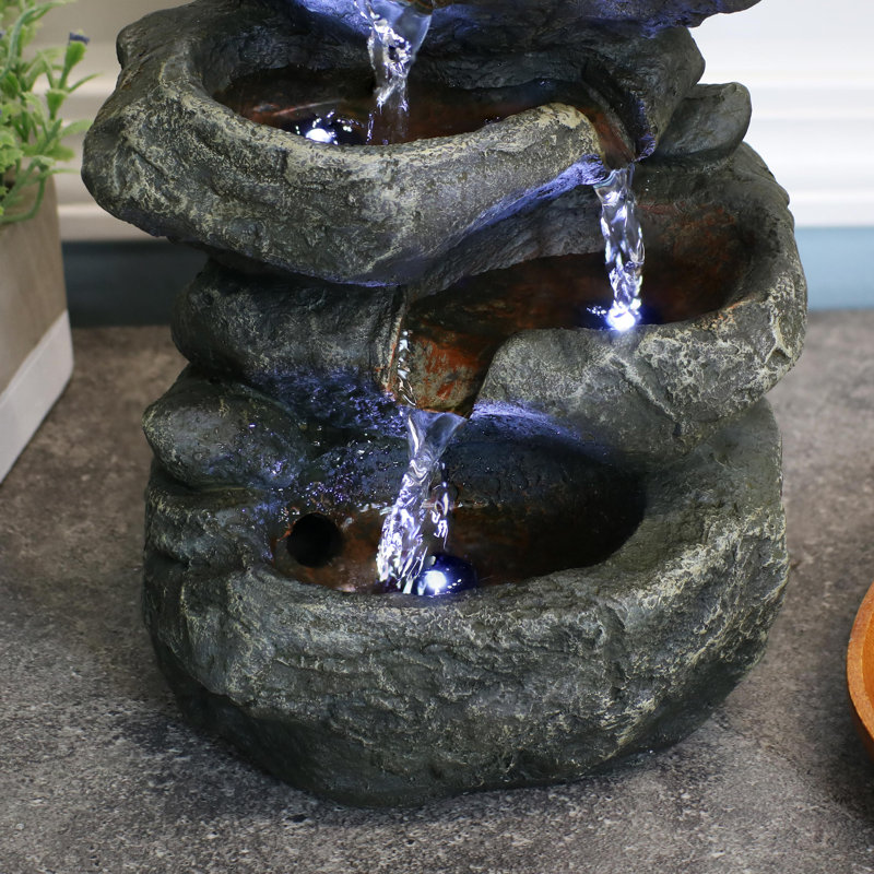 Light Grey Polyresin Stacked Rocks Tabletop Fountain with LED Lights