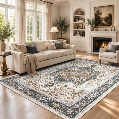 Tapis persan vintage lavable à la machine, antidérapant - Crème, brun et bleu