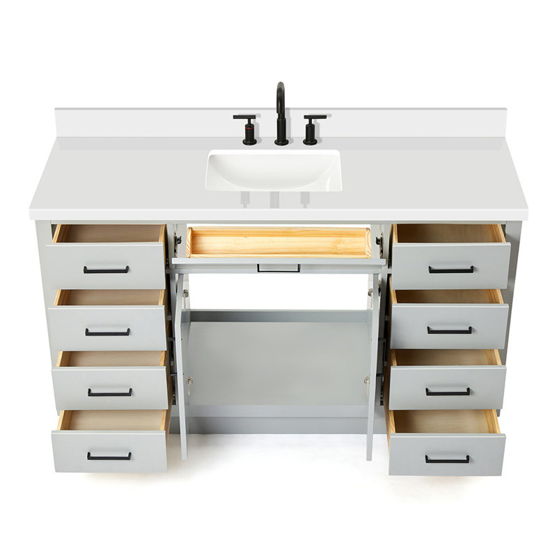 Meuble-lavabo simple en bois massif Tidworth avec plateau en quartz blanc de 1,5 po, Gris, Forme rectangulaire