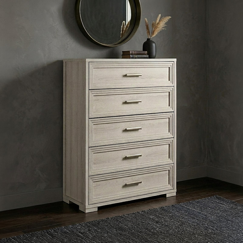 Grande commode de rangement à 5 tiroirs Liora de style contemporain aux lignes épurées, Rustique naturel