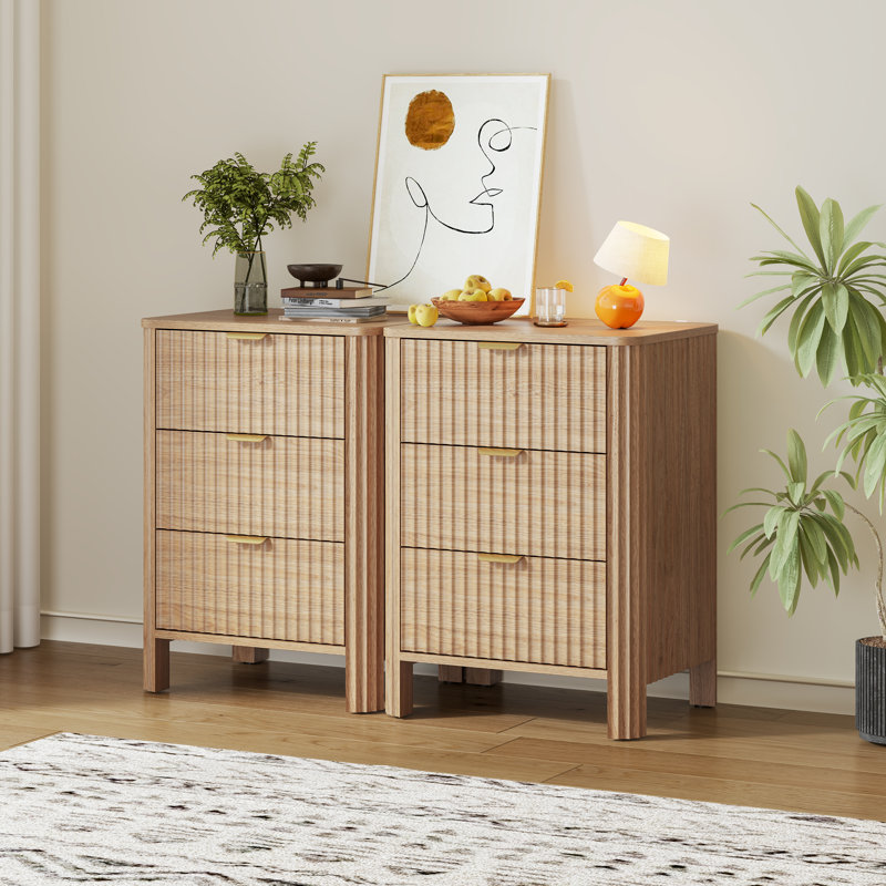 Ensemble de 2 tables de chevet cannelées à 2 tiroirs avec station de charge, table de chevet incurvée avec poignée, Beige