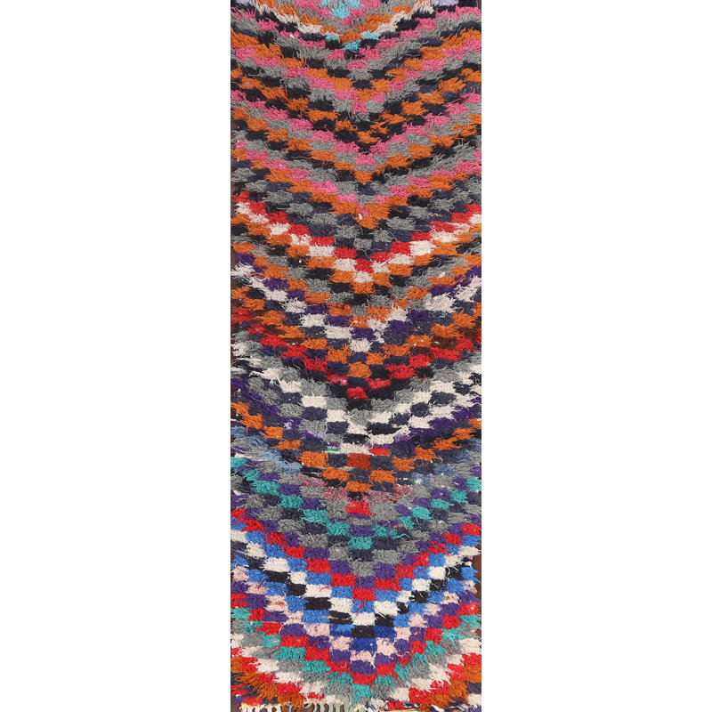 Tapis de couloir multicolore en laine noué à la main de conception unique 2 pi 6 po x 8 pi 7 po
