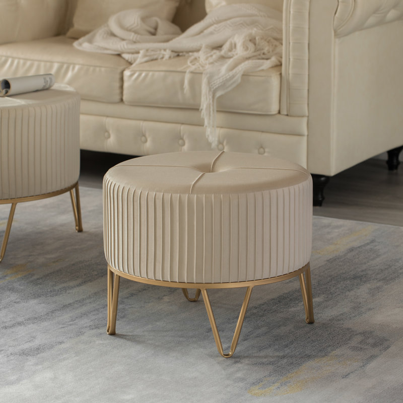 Tabouret rond en velours avec repose-pieds et base dorée, noir, moyen, Tissus crème Revolution Performance
