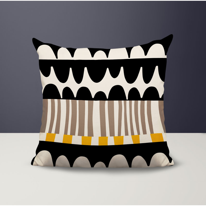 Coussin carré intérieur / extérieur Rami, H 15 po x l 15 po, Jaune / noir / blanc cassé abstrait