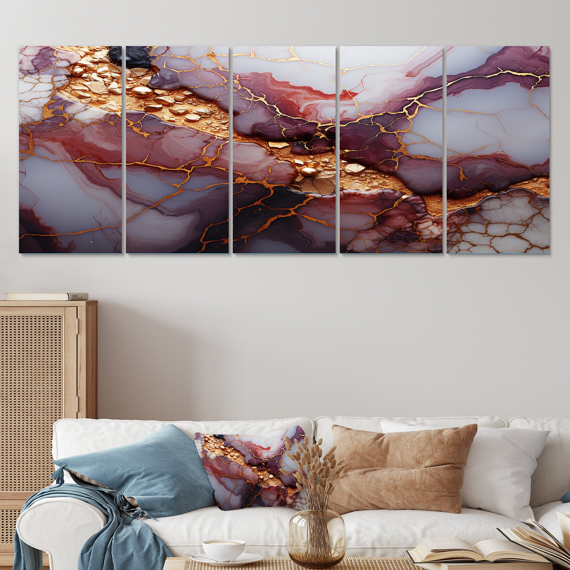 Mercer41 Pink And Gold Marble River VII - Abstract 5 Piece Wall Art Set ...