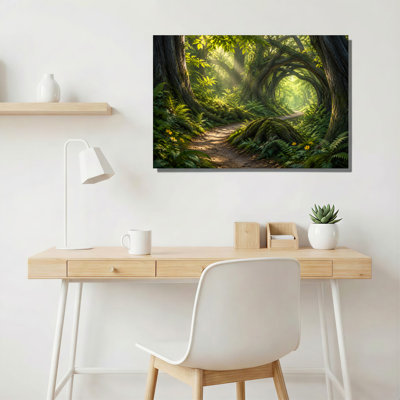 Green Forest Path With Arching Trees And Sunlight Canvas Wall Art