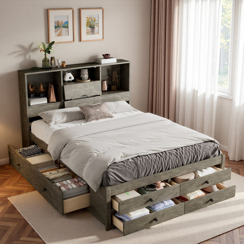 Lit plateforme avec tête de lit avec rangement et 8 tiroirs, Gris, Grand lit