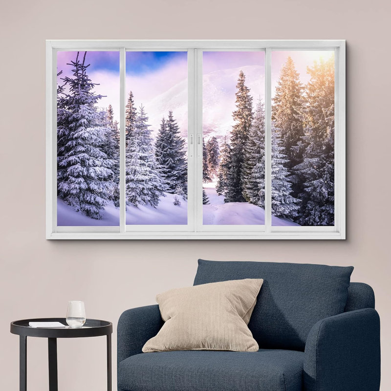Fenêtre de paysage «Window View Purple Sunset Winter Pine Tree Forest Nature Scenic Landscape» sur toile, H 16 po x l 24 po