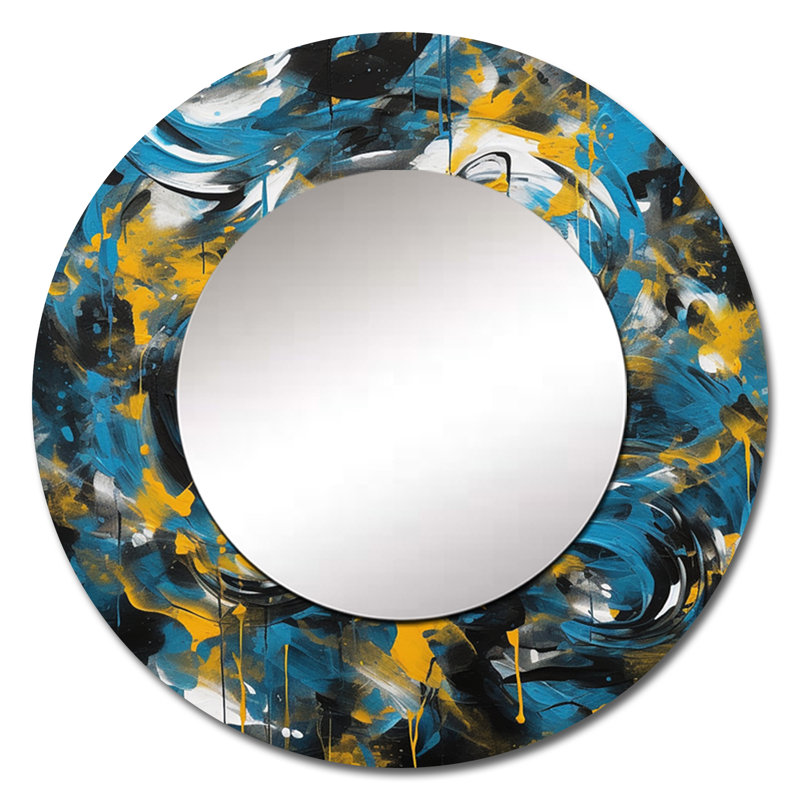 Blue And Yellow Abstracted Realms I - Abstract Blue Large Round Mirror, 36" x 36", Round