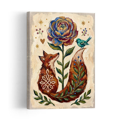 Whimsical Fox And Flower Abstract Contemporary Bird Fox Flower Forest Wall Art Print