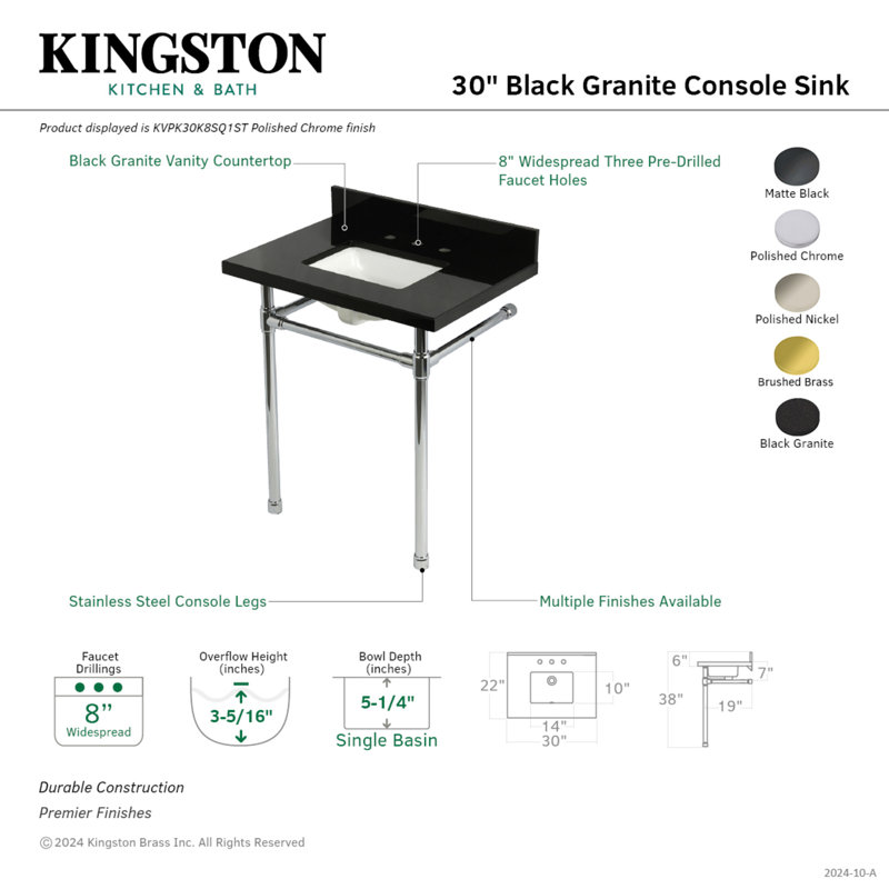 Kingston Brass Dreyfuss 30-Inch Black Granite Console Sink with Stainless Steel Legs (8-Inch, 3-Hole), Polished Chrome