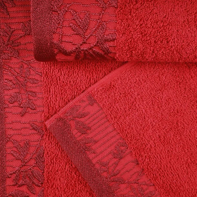 Ensemble de serviettes de bain en coton de poids moyen à bordure florale en jacquard pour la salle de bain Carinna, Grenat