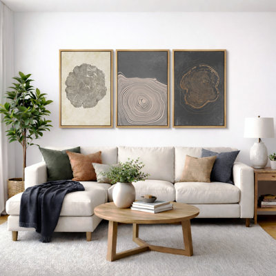 Tree Ring "Beige Gray Wood Stump Artwork, Modern Organic Neutral Minimalist Wall Pictures, Framed Canvas Giclée Print 3 Pieces Wall Art" 16"x24"x3 pcs, 24"x36"x3 pcs