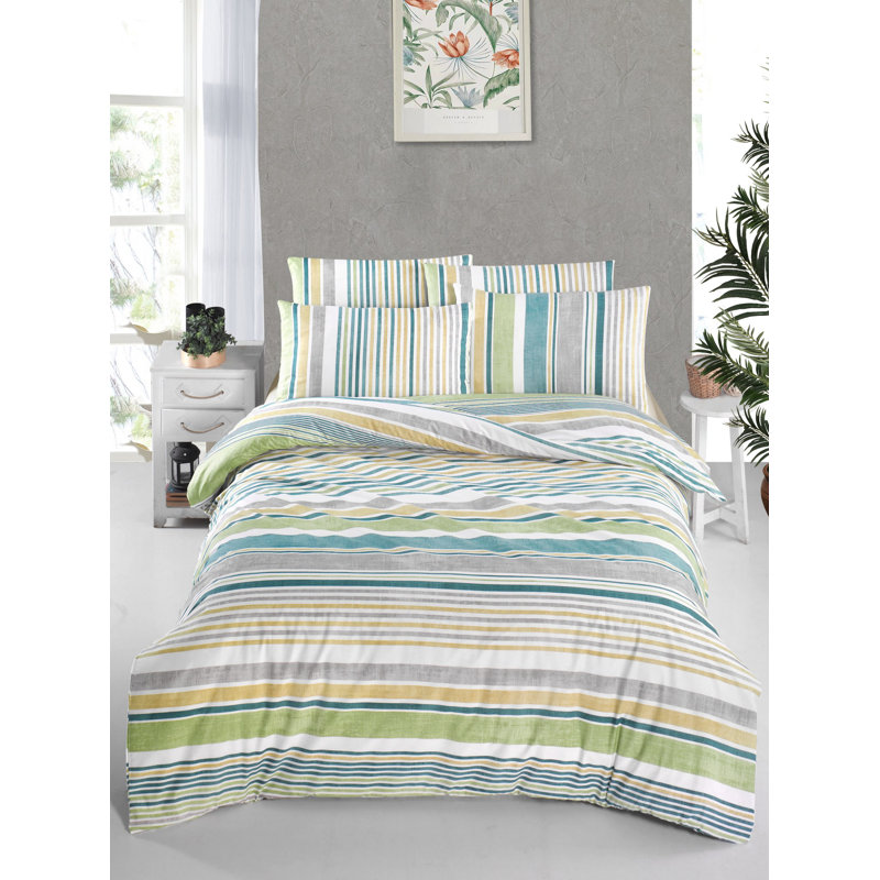 Premium 100% Cotton Ranforce King Quilt Cover Set, White & Green, 102.4 x 86.6 inches | Includes 2 Pillowcases 19.7 x 31.5 inches | 145 Thread Count, Button Closure | Machine Washable, Soft & Durable