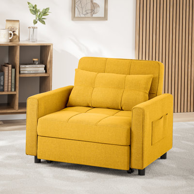 3-in-1 Convertible Pull Out Sleeper Chair, Adjustable Backrest 100°-180° Upholstered Single Sofa Bed with Side Pocket & Casters,Linen Accent Chair for Living Room Guest Room
