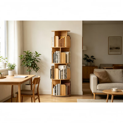  Bibliothèque rotative à 4 niveaux d'ingénierie Timber, tour de bibliothèque rotative rotative, étagère de rangement ronde moderne pour le coin, le salon et la chambre à coucher. (Naturel)
