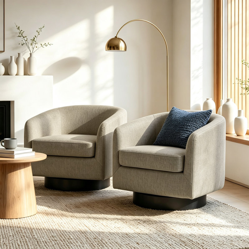 Applewold Upholstered Light Brown Cotton Blend Swivel Barrel Chair with Solid Wood Base, Light Brown Polyester Blend