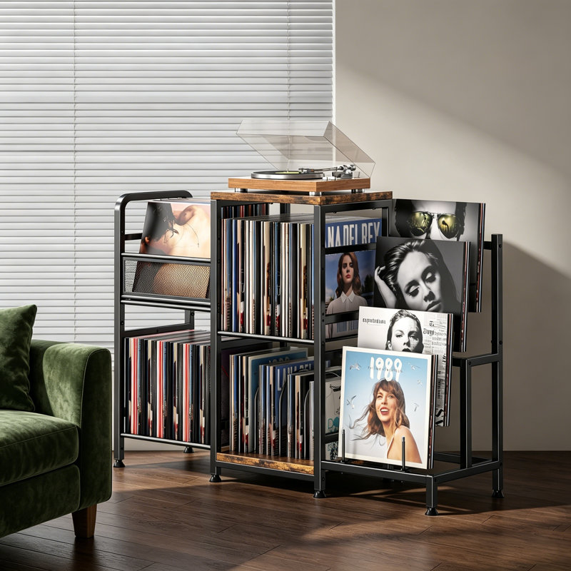 Large Record Player Stand Holds 400 Vinyl Records, 3 Tier Turntable Stand with Display Shelf, Multifunctional Media Console for Stereo