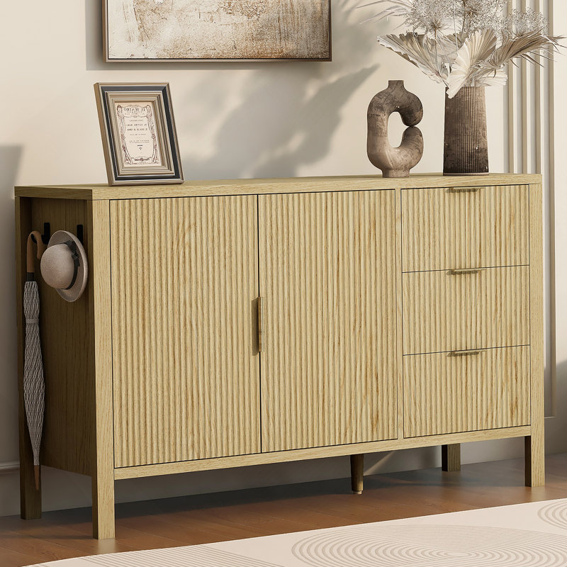 Sideboard With 3 Drawers, Storage Buffet Cabinet With Hooks For Living Room, Entryway, Hallway., Natural