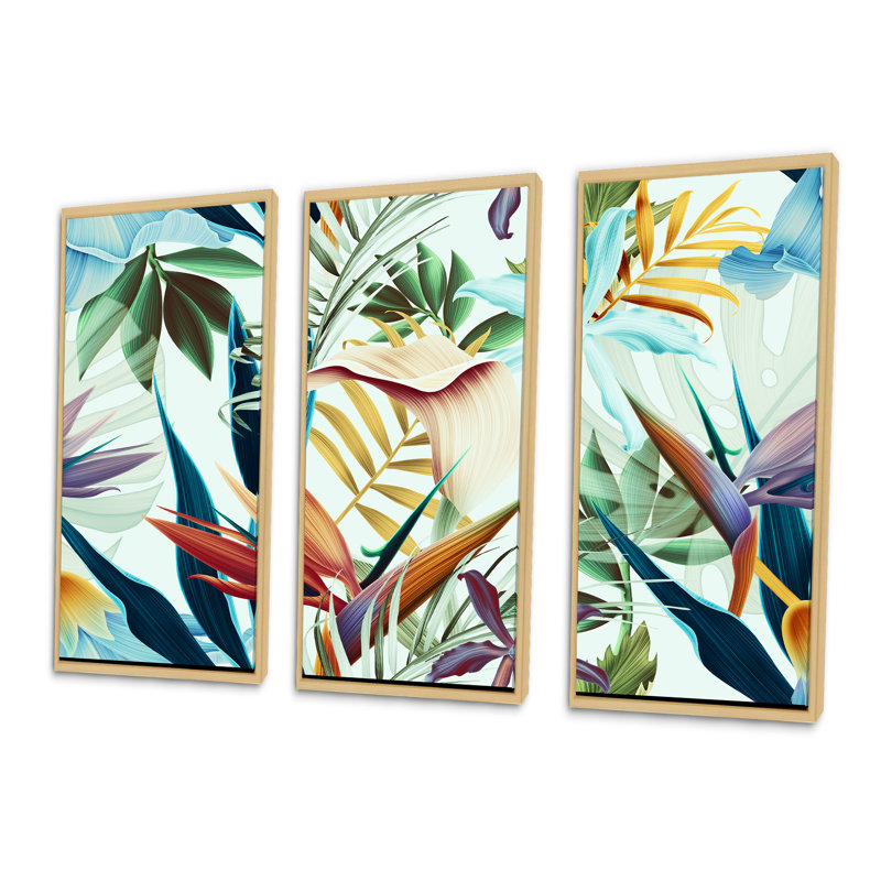 Fleurs tropicales rétro I - 3 pièces, peinture sur toile, H 28 po x l 36 po, Érable