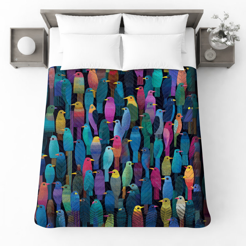 Colorful Birds Illustration Quilted Bedspread All Sizes, Twin