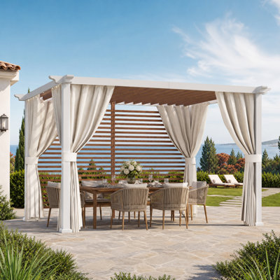 Palisade 10‘ X 12' Steel Frame Outdoor Patio Pegola With Slats Roof,Privacy Panel Screen Wall And Curtains For Backyard Garden And Deck Party