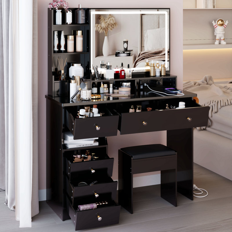 41" Large Size Left Drawer Desktop Vanity Table+Cushioned Stool Dresser Set, 2 AC+2 USB Power Station, Hair Dryer Stand, Extra Large Touch Control LED Mirror, 3-Color Switch, EPA, GCC, UL Certificate