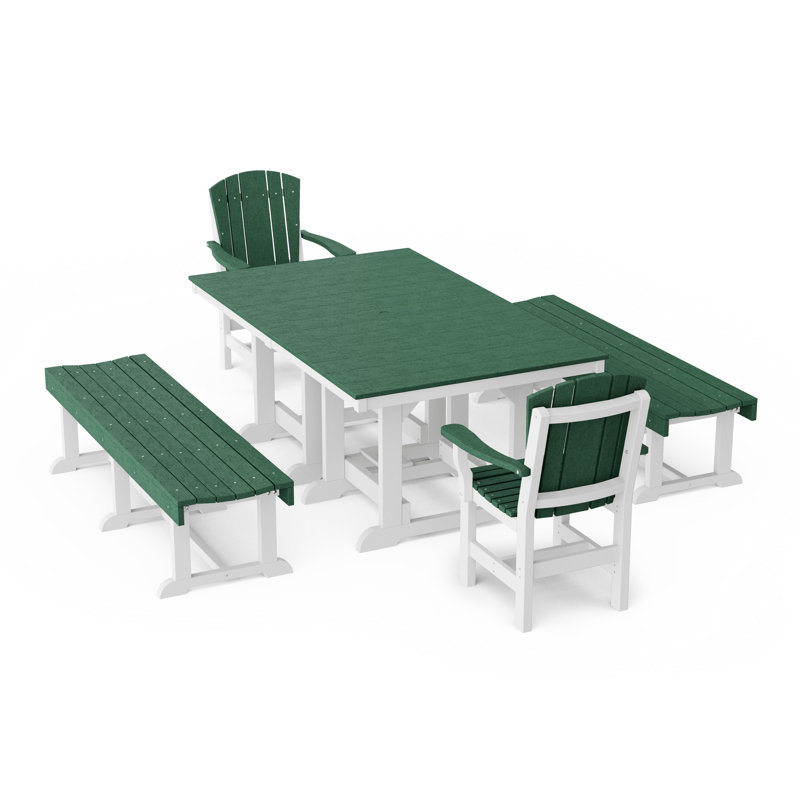 Heritage 5-Piece Rectangular Dining Set With Benches, Turf Green/White