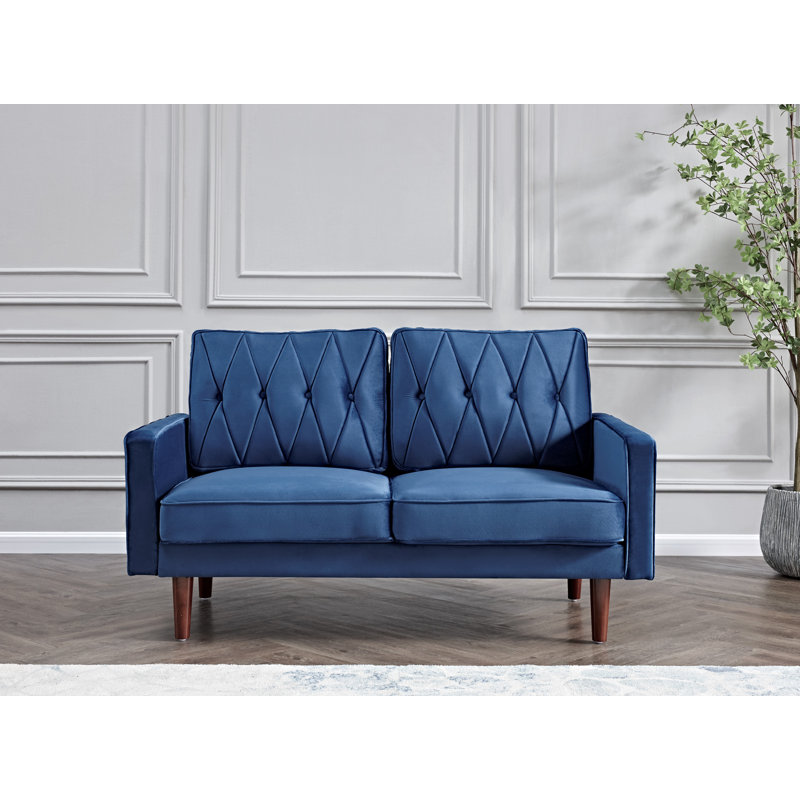Petit canapé à dossier coussiné en velours, Velours bleu foncé, H 31,5 po x l 57,5 po x P 33,5 po