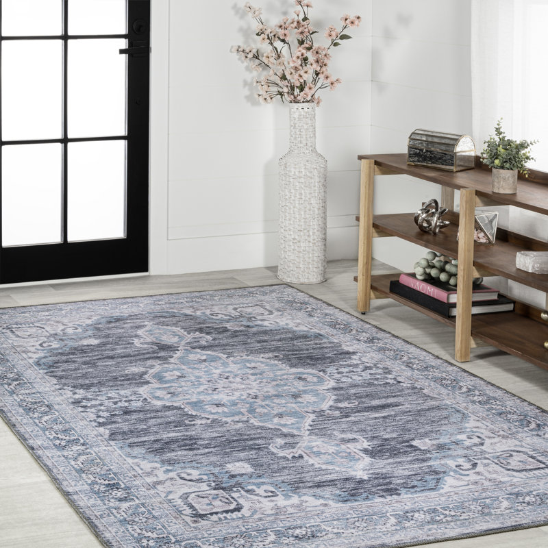 Heidine Chenille Cottage Medallion Machine-Washable Gray/Blue/White Rug, Rectangle 3'11" x 6'