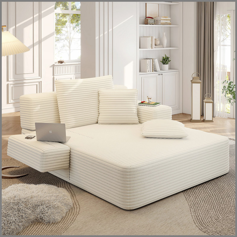 Luxueuse chaise longue en velours côtelé moelleux avec 3 coussins, canapé-lit convertible avec poche de rangement, conception sans cadre et mousse à compression pour les petits espaces, salon, appartement, beige