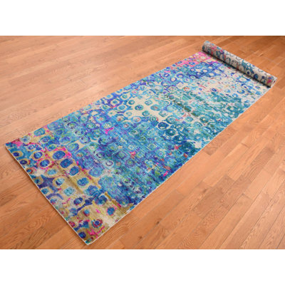 3'0" x 12'4" New Hand Knotted Blue Sari Silk Runner Oriental Rug - MOA10287681