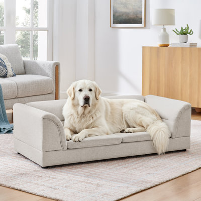 Canapé rectangulaire surdimensionné pour animaux de compagnie de 51,75 po avec accoudoirs courbés, canapé pour chien surélevé en tissu de lin pour chiens de taille moyenne, grande et géante