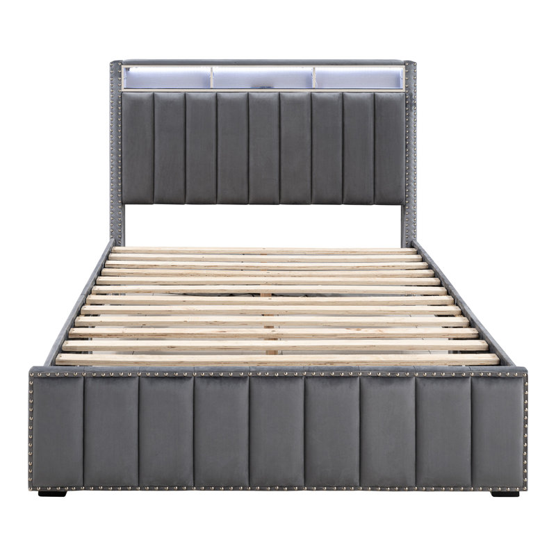 Lit plateforme Ozara avec tablettes, livres et tablettes, Grand, Gris