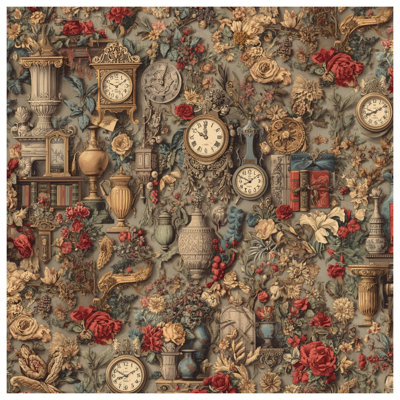 Vintage Clocks And Flowers Wall Tapestry - Decor