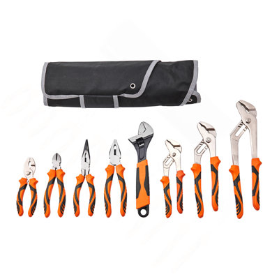 8-Piece Pliers Set, High Carbon Steel, 12"/10"/8" Groove Joint Pliers, 8" Linesman's Pliers, 6" Slip Joint Pliers, 8" Long Nose Pliers, 6" Diagonal Cutter, 10" Adjustable Wrench, And Tool Bag