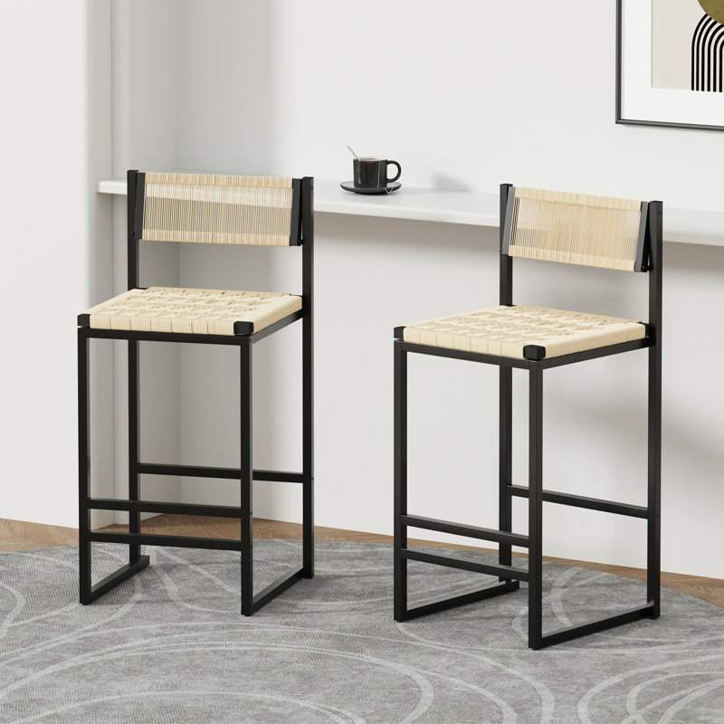 Set Of 2 Woven Bar Stools With Backrest Paper Rope Weave Dining Chairs For Kitchen Island, Cream