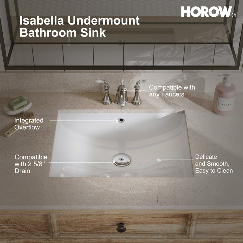 White Rectangular Ceramic Undermount Bathroom Sink with Overflow Hole