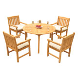 4 Seats 5 Pcs Grade-A Teak Wood Dining Set: 52" Round Table And 4 Wave Stacking Arm Chairs