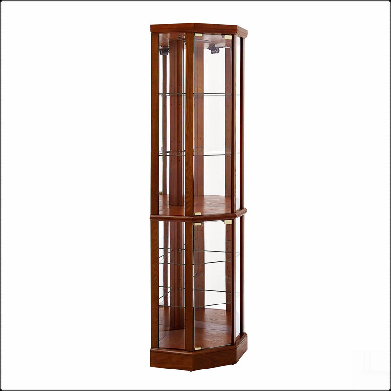 Vitrine de coin éclairée à 6 tablettes avec tablettes réglables en verre trempé et dossier en miroir, Noyer