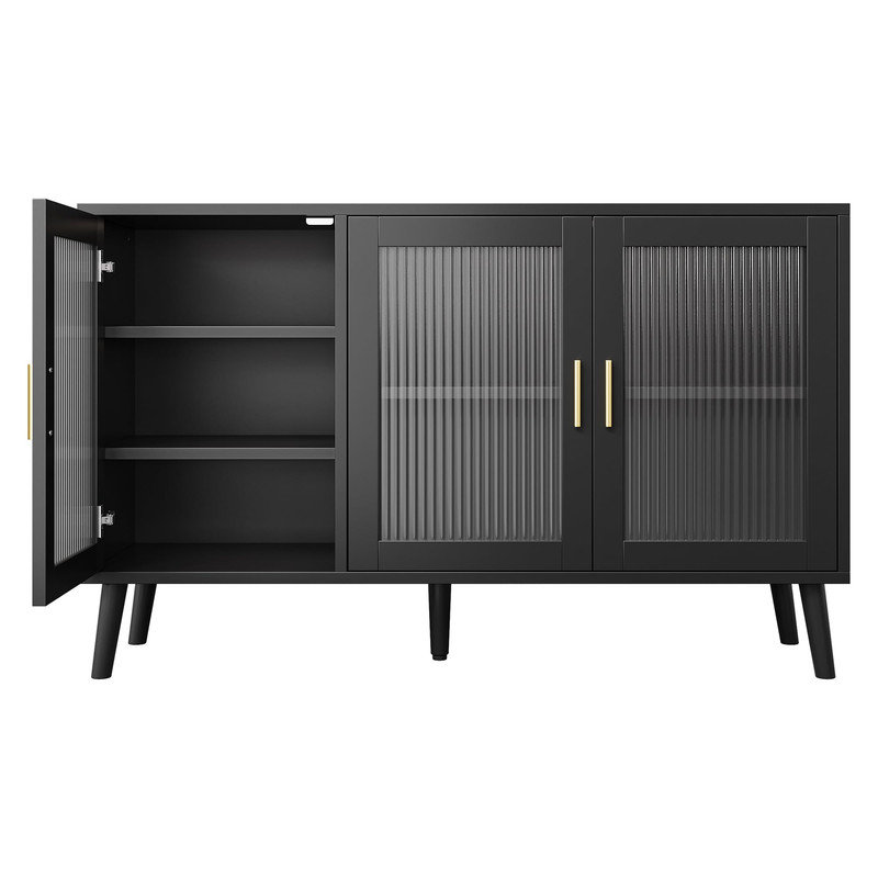 Buffet avec portes et rangement en verre, grande table buffet de 47 po, armoire de cuisine moderne avec tablettes, bar à vin pour la salle à manger, noir