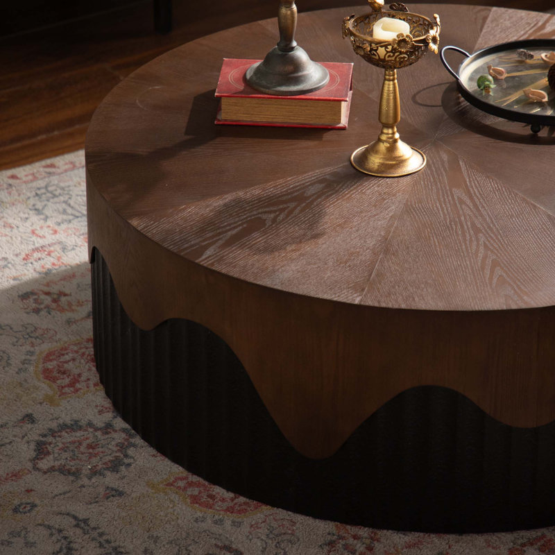 Round Coffee Table Handcrafted Relief Sturdy Pedestal Wooden Tea Table, 12.99" H x 38.97" L x 38.97" W